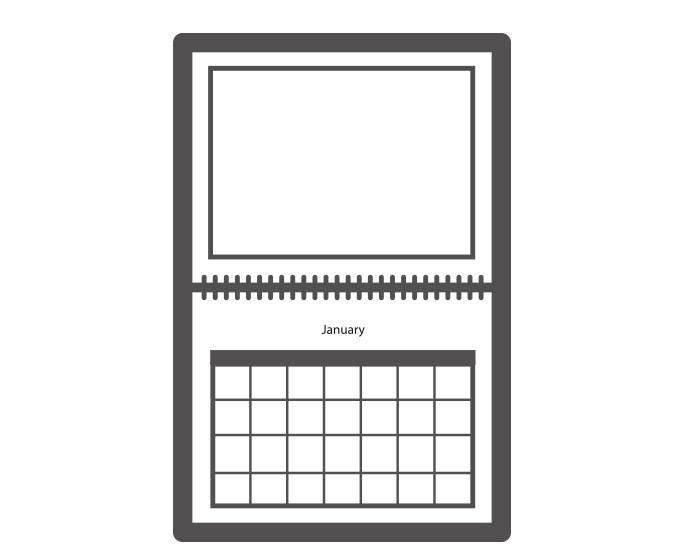 11x14 Photo Calendars: A template icon for a large, spiral-bound wall calendar with a blank photo area and monthly grid.