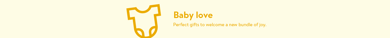 Baby Shower Gifts: A promotional banner for baby gifts with a baby onesie icon and the text Baby love.