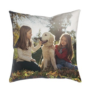 Pillows: A square photo pillow with a picture of two girls petting their golden retriever.
