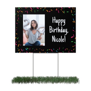 Yard Signs: A personalized birthday yard sign with a photo, a sprinkle border, and a happy birthday message.