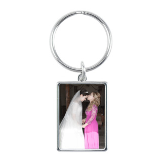 Keychains: A rectangular metal keychain with a photo of a bride and her mother.