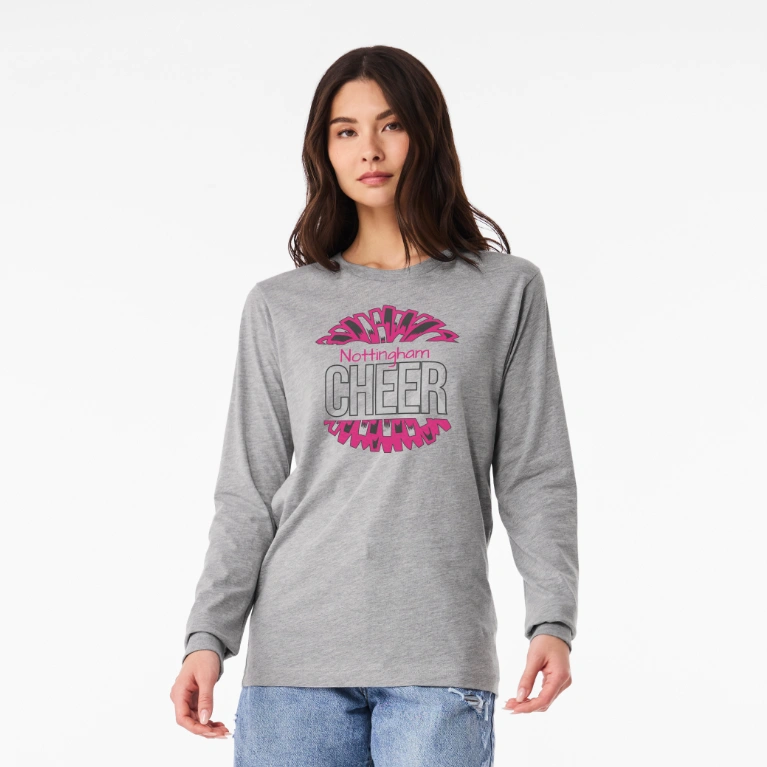 Unisex Long Sleeve Tee - Grey, Size S: A model wearing a grey long-sleeve shirt with Nottingham Cheer logo.