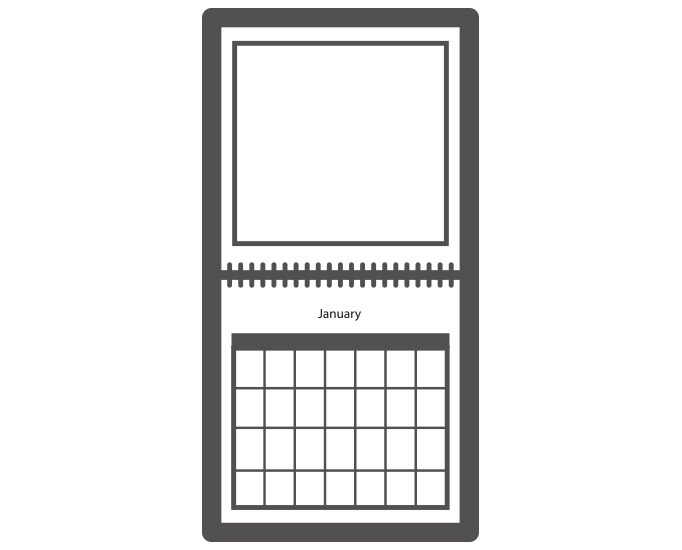 12x12 Photo Calendars: A template icon for a square, spiral-bound wall calendar with a blank photo area and monthly grid.