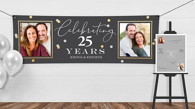 Shop posters & banners: An anniversary party display with a large personalized banner and a matching guest book sign on an easel.
