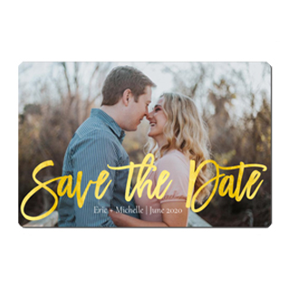 Wedding Save The Date Magnets: A save the date photo magnet of a couple with the text Save the Date in a gold script.
