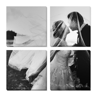 Canvas Clusters: A four-piece canvas cluster of artistic, black and white wedding photos.