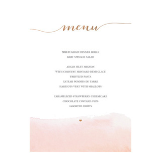 Wedding Menu Cards: A wedding dinner menu card with a pink watercolor design and a rose gold script title.