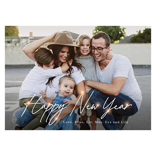 Happy New Year cards:  A happy family of six, including two adults and four children, embracing outdoors with overlay text that reads Happy New Year with light flares, and Love, Evan, Liv, Max, Eva and Lily.