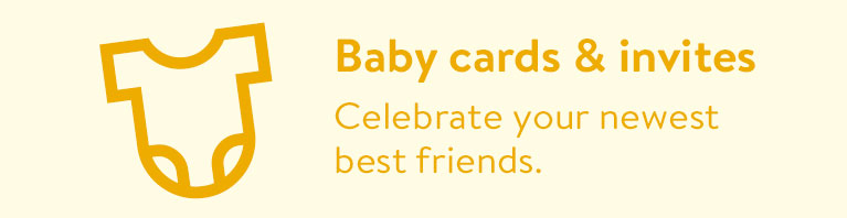 Baby Cards & Invites: A promotional banner for baby cards with a baby onesie icon.