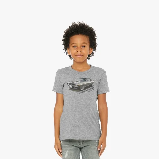 Youth Jersey T-Shirt - Athletic Heather, Size XL: A child model wearing a gray t-shirt with a graphic of a vintage muscle car.