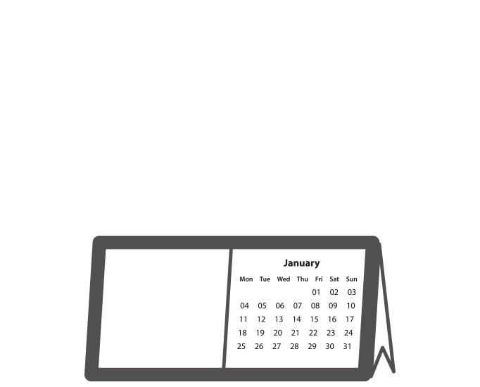 4x8 Desktop Calendars: A template icon of a standing desktop calendar, showing a blank photo area and a monthly grid.
