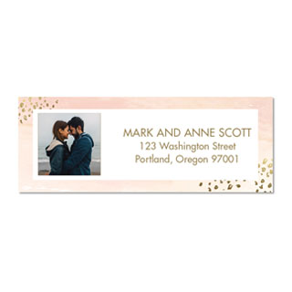 Wedding Address Labels: A personalized return address label with a couple's photo and a pink watercolor design.