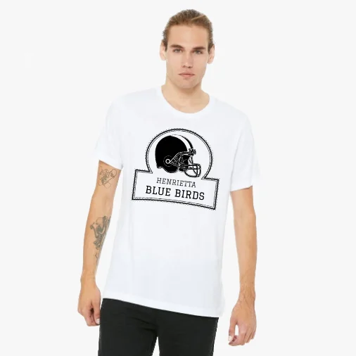 Unisex Jersey Tee - White, Size L: A model wearing a white t-shirt with a Henrietta Blue Birds football team logo.