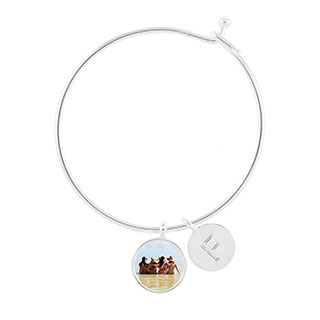 Wedding Photo Jewelry: A silver charm bracelet with a circular photo charm and an initial charm.