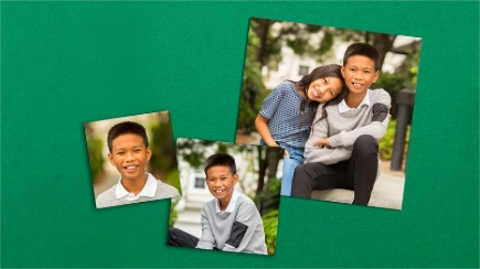 Square Prints: Three square photo prints of a brother and sister arranged on a textured green background.