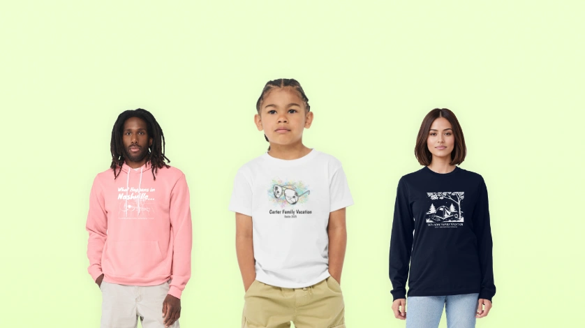 personalized apparel: Three models showing a variety of custom clothing, including a hoodie, a t-shirt, and a long-sleeved shirt.