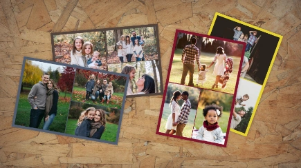 Collage Prints: An arrangement of several custom collage photo prints with different layouts and border colors, displayed on a wooden background.