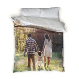 Bed&Bath: A personalized duvet cover with a full-bleed photo of a family walking in the woods.