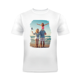 Apparel: A white t-shirt personalized with a photo of a family at the beach.