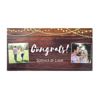 Wedding Themed Vinyl Banners: A rustic wedding banner with a wood background, string lights, two photos, and a congrats message.