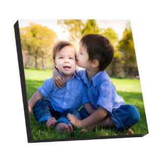 Mounted Prints: A square mounted print with a full-bleed photo of a young boy kissing his baby brother.