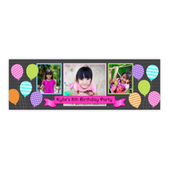 Photo Banners: A personalized birthday banner featuring three photos of a young girl, colorful balloons, and custom text for an 8th birthday party.