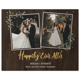 16x20 Canvas: A square wedding canvas print with two photos, a rustic wood background, and the text Happily Ever After.