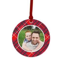 Ceramic Round Photo Ornament with Festive Plaid design