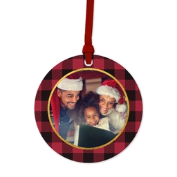 Ceramic Round Photo Ornament with Holiday Plaid design